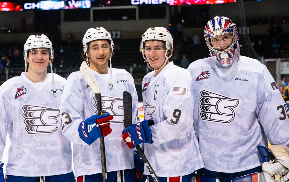 Saige Weinstein, Michael Cicek, Bear Hughes, Mason Beaupit of the Spokane Chiefs