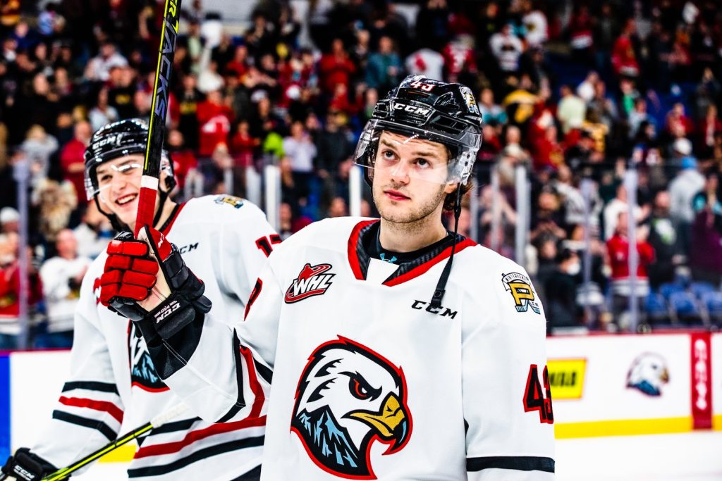 Ryder Thompson of the Portland Winterhawks salutes the crowd after a game
