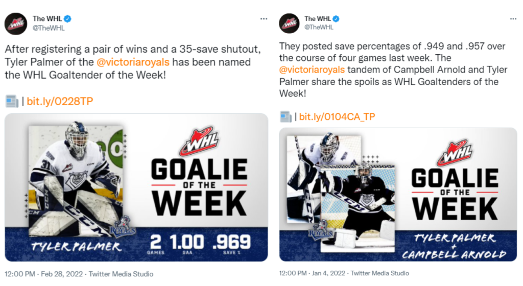 Tyler Palmer and Campbell Arnold Goalie of the Week honors for the Victoria Royals