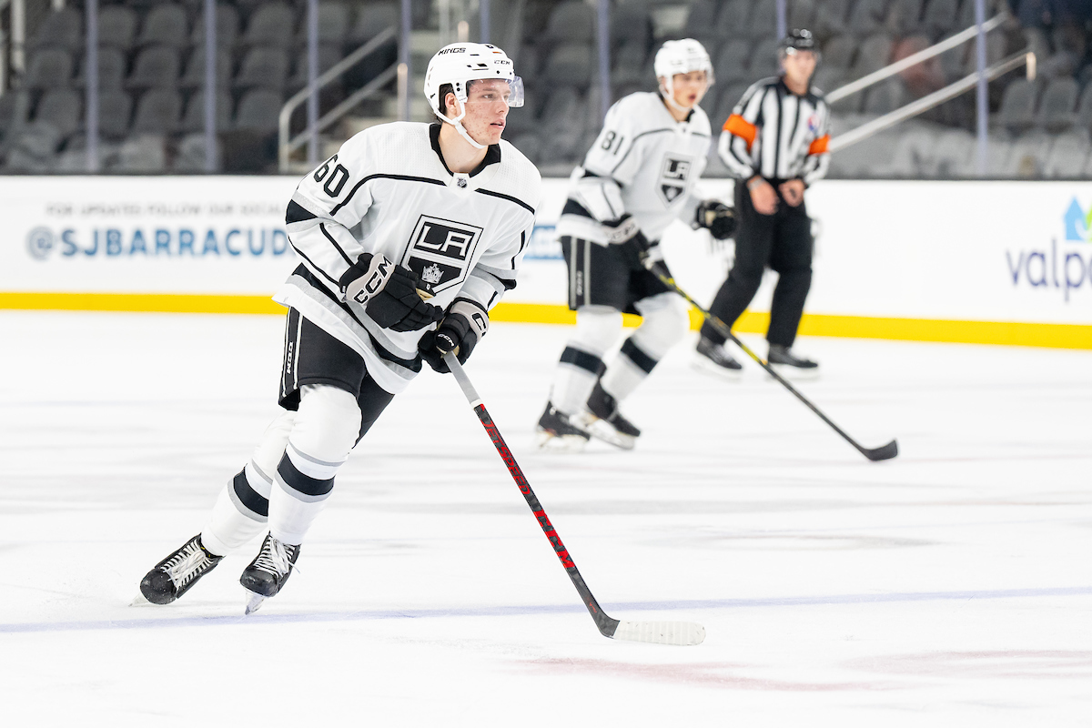 Portland Winterhawks forward James Stefan wearing number 60 for the LA Kings at the 2022 Rookie Faceoff