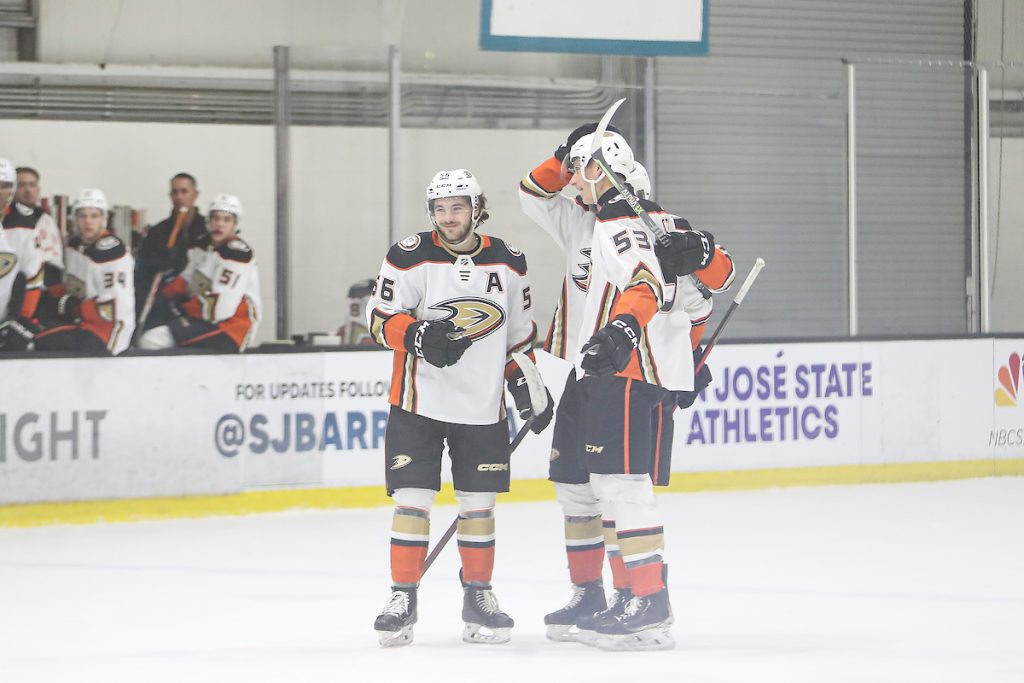Victoria Royals Alum Brayden Tracey celebrating a goal with Anaheim Ducks teammates at the 2022 Rookie Faceoff