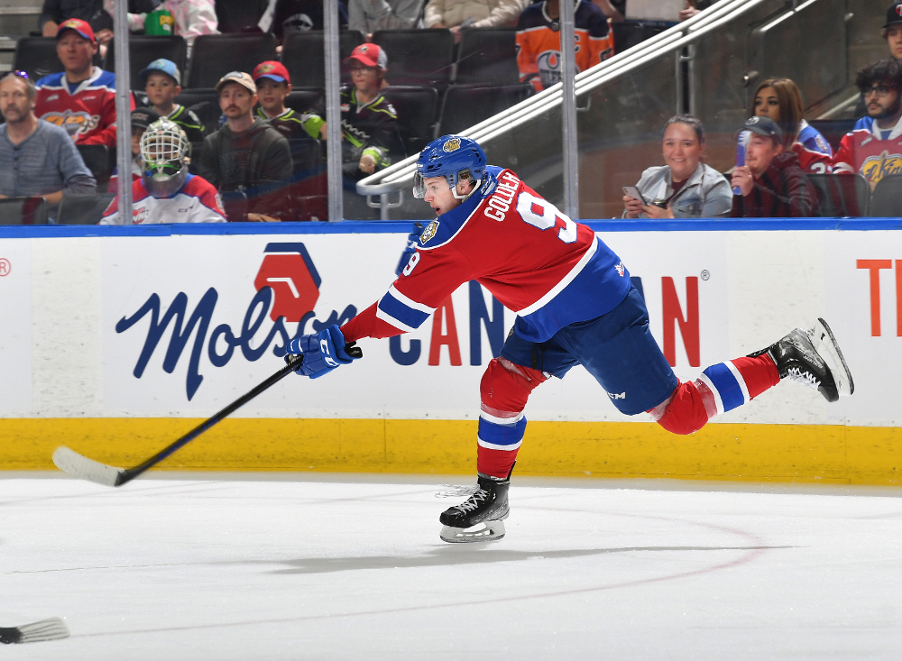 Carson Golder of the Edmonton Oil Kings takes a shot on net