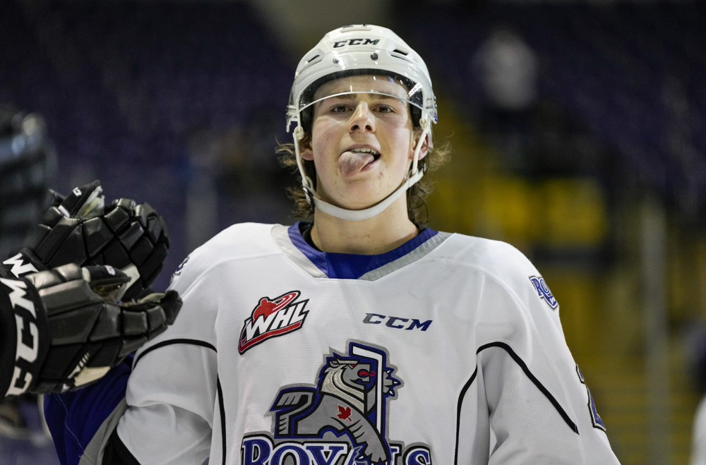 Luke Shipley of the Victoria Royals sticks his tongue out at the camera