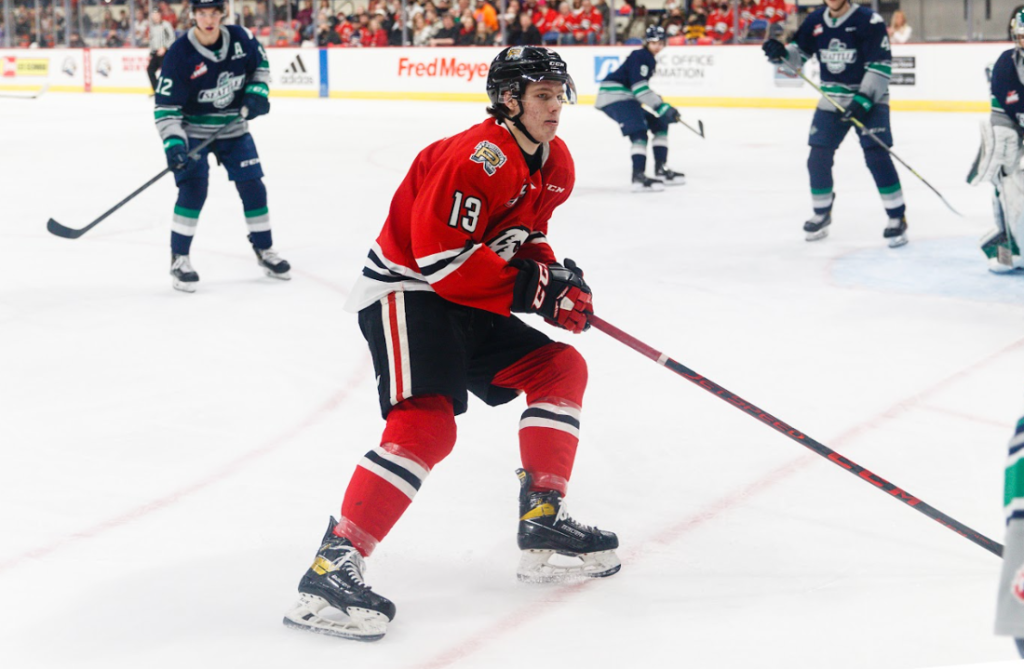 James Stefan, wearing number 13 for the Portland Winterhawks