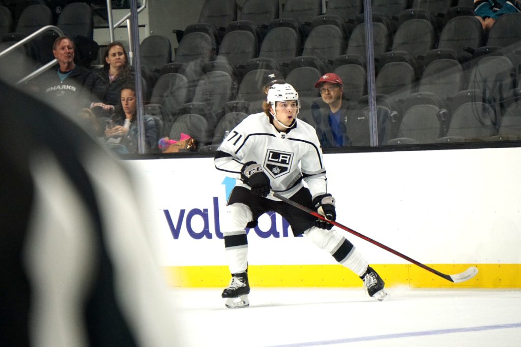 Marc Lajoie wearing number 71 on ice for the Los Angeles Kings at the 2022 Rookie Faceoff in San Jose, California
