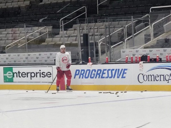 Seth Jarvis on ice at Carolina Hurricanes morning skate in San Jose, California