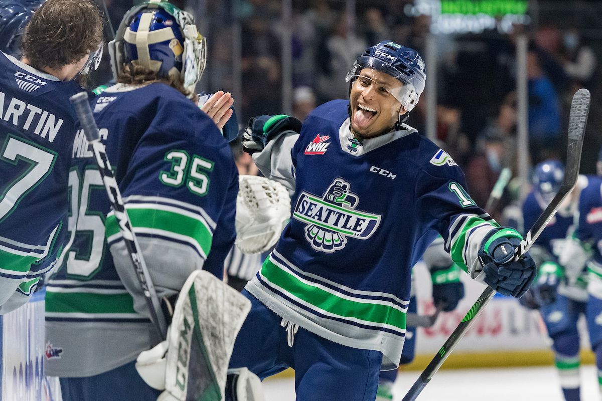 Mekai Sanders celebrates a goal for the Seattle Thunderbirds