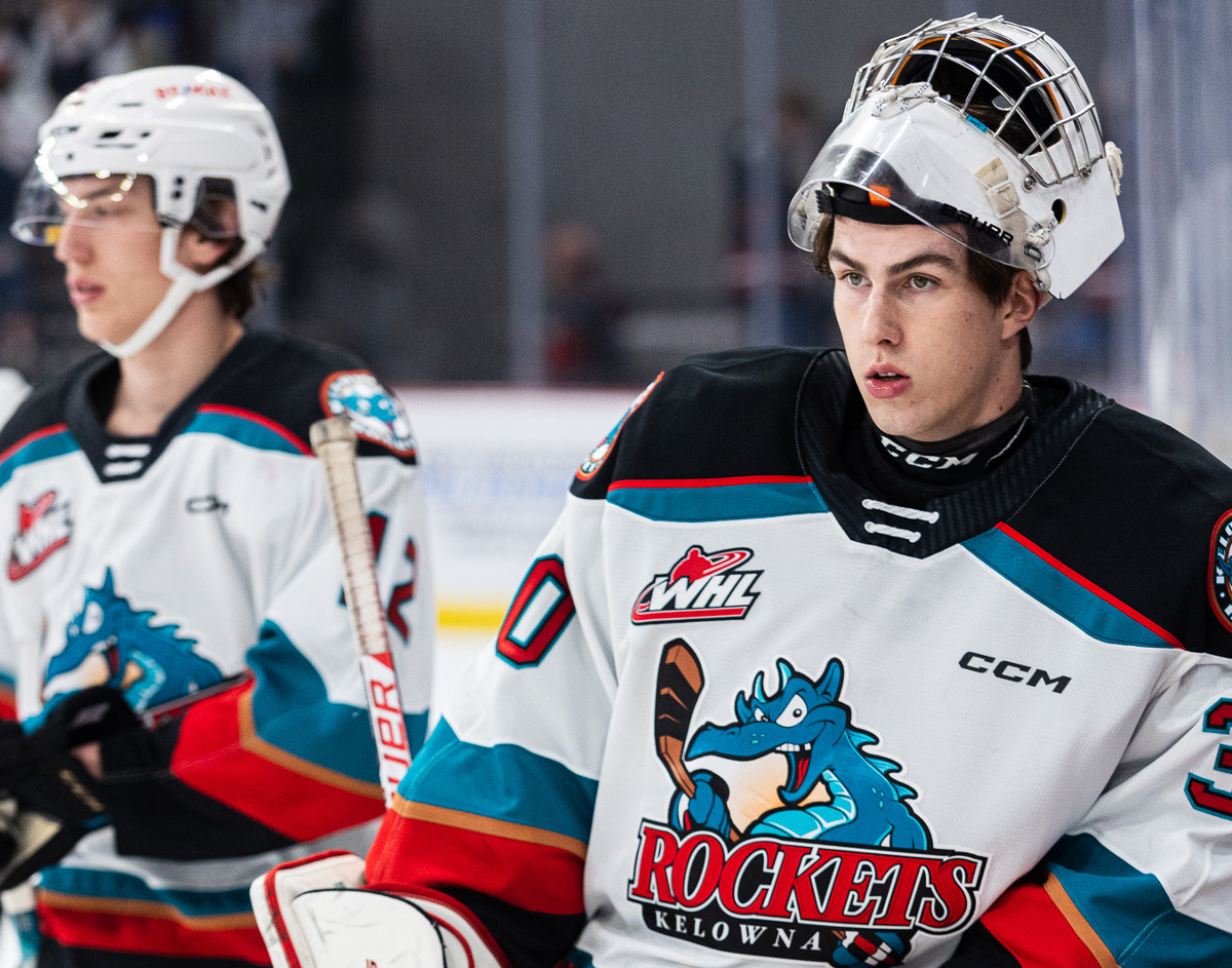 Kelowna Rockets goaltender Jari Kykkanen dials in ahead of a game