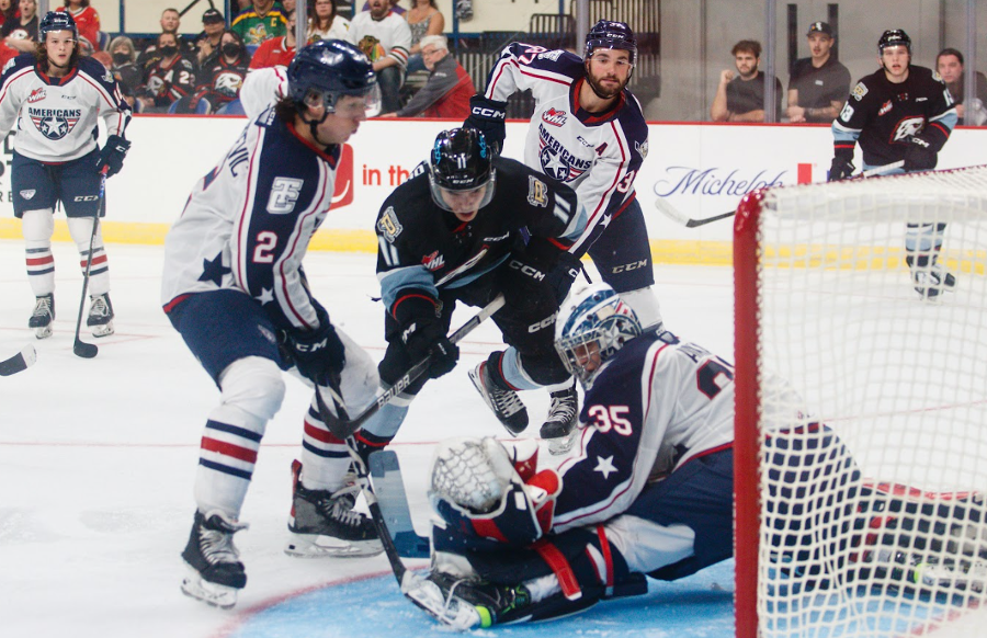 The Tri-City Americans and Portland Winterhawks battle it out in front of the American's net.