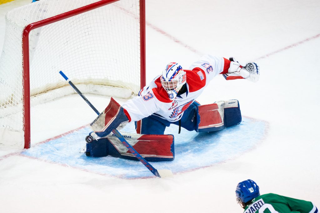 Spokane Chiefs goaltender Cooper Michaluk makes a toe save
