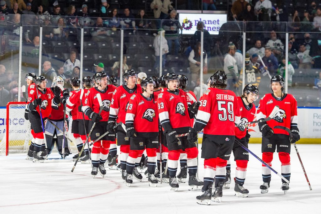 Carter Sotheran and the Portland Winterhawks celebrate a win at the accesso ShoWare Center, home of the Seattle Thunderbirds
