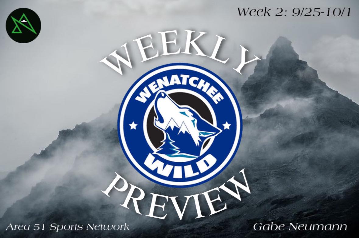 A banner with foggy mountains in the background. In the center is the text "Weekly Preview" with the Wenatchee Wild logo in the middle. In the top left corner is the WHL on A51 logo. In the top right corner is text that reads "Week 2: 9/25-10/1." The bottom left text reads "Area 51 Sports Network" and the bottom right text reads "Gabe Neumann."