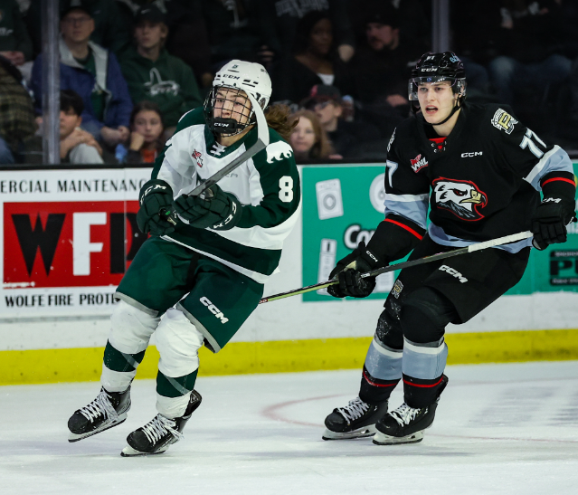 Ethan Makokis in Silvertips gear and a Winterhawks player on the ice.
