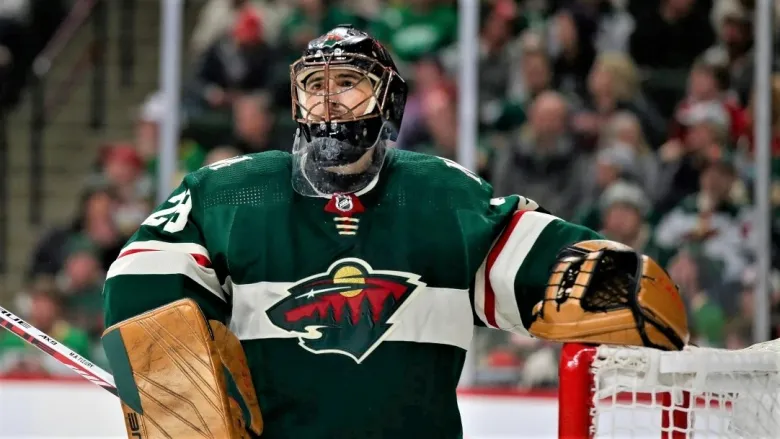 Minnesota Wild goaltender Marc-Andre Fleury looks on during an NHL hockey game against the Columbus Blue Jackets Saturday, March 26, 2022, in St. Paul, Minn.