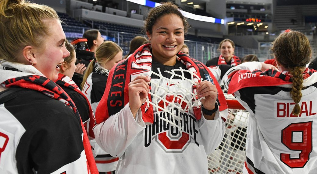 Sophie Jaques of the Ohio State Buckeyes celebrates after defeating the Minnesota Duluth Bulldogs 3-2 during the Division I Women’s Ice Hockey Championship held at Pegula Ice Arena on March 20, 2022 in University Park, Pennsylvania.